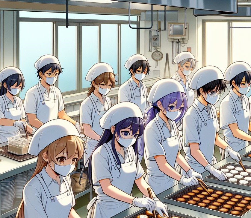 An anime-style illustration depicting a group of people making dorayaki in a kitchen. The characters (1)